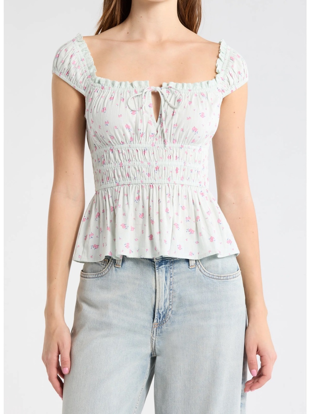 Abound Light Green w/Pink Flowers Peplum Top